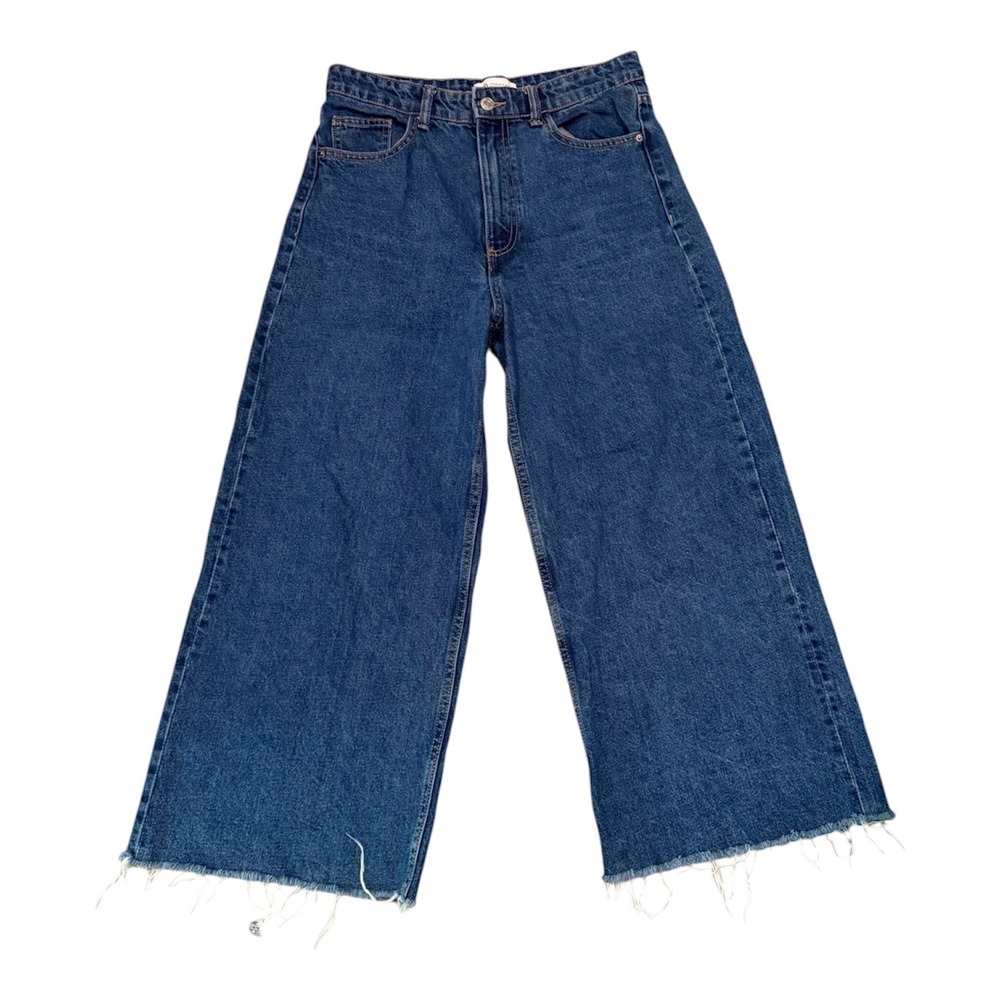 Zara Wide Leg High Rise Cropped Jeans Raw Hem Blue Join Life Denim Women Size 6